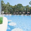 Piscina con acqua chiara, ombrelloni e palme sullo sfondo.